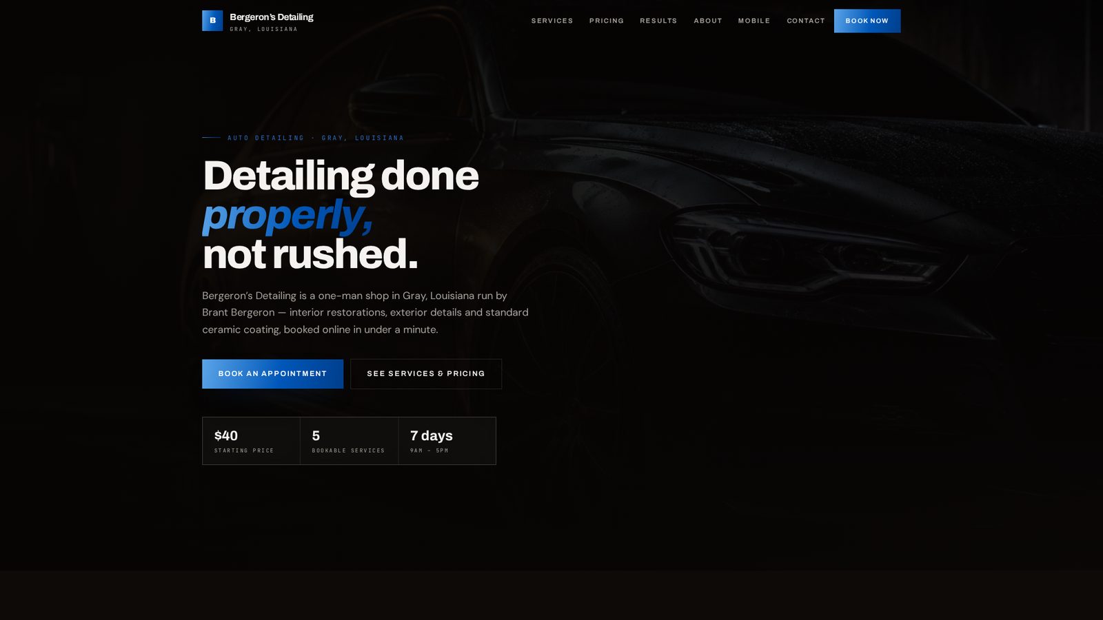 Homepage of the Bergeron's Detailing booking-focused concept.