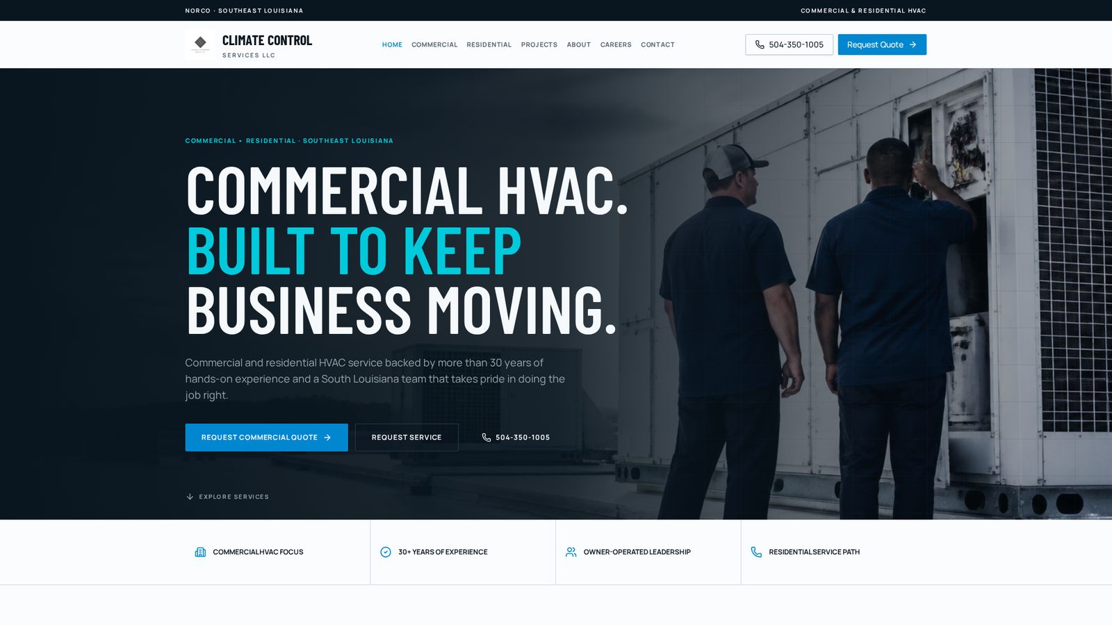 Homepage of the Climate Control Services commercial HVAC concept.