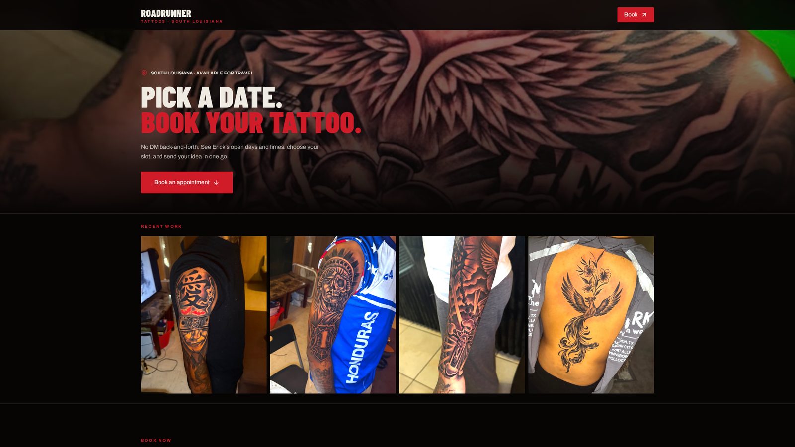 Homepage of the Roadrunner Tattoos booking concept.